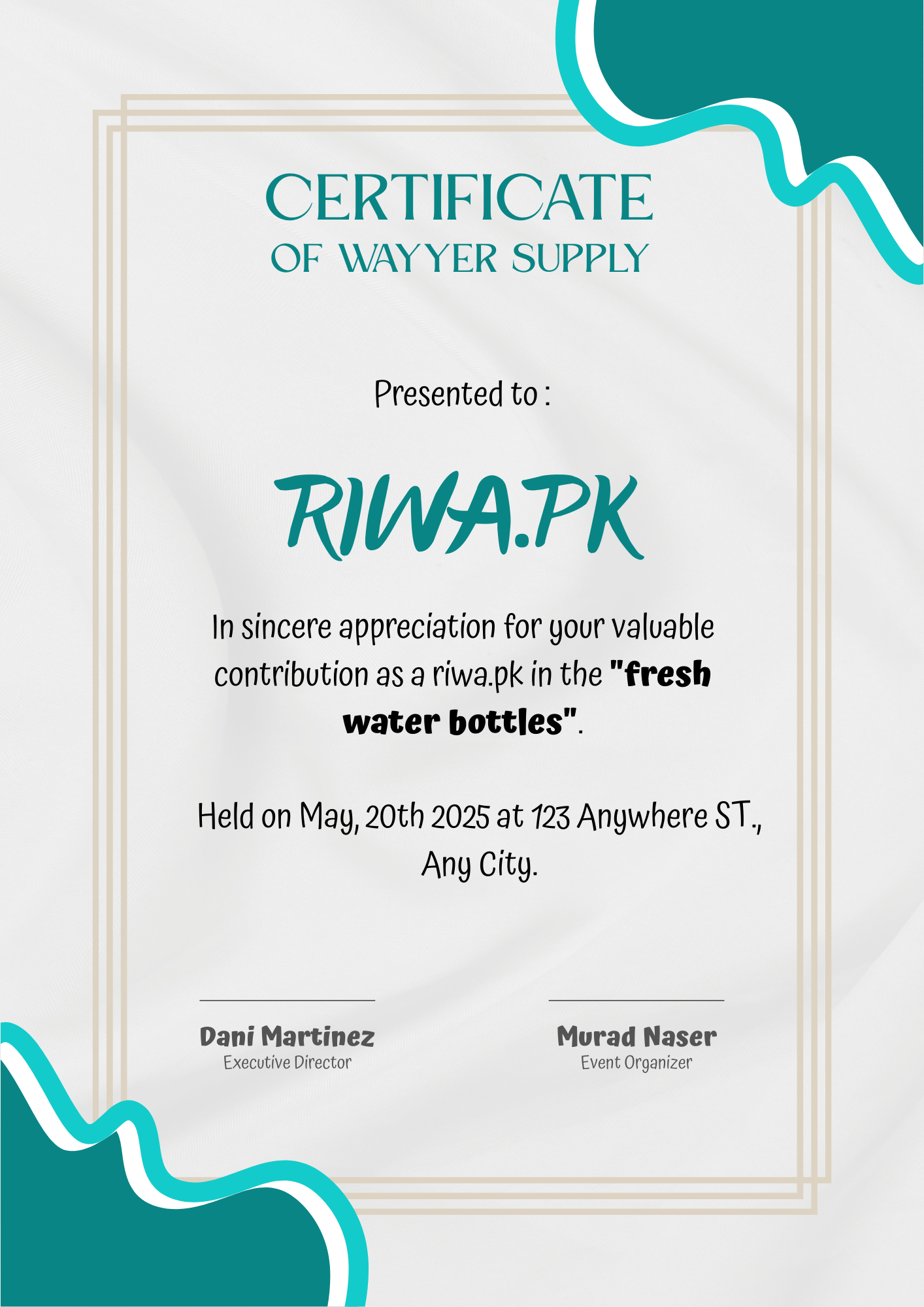 Teal and White Simple Elegant Appreciation Certificate A4